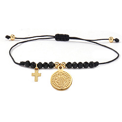 Черный 304 из нержавеющей стали шарм браслеты, Браслеты из плетеных бусин из стекла и латуни для женщин, крест и плоский круг со святым Бенедиктом, чёрные, 11.02 дюйм (28 см)