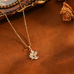 Leaf Brass Pave Clear Cubic Zirconia Pendant 304 Stainless Steel Cable Chain Necklaces for Women, Golden, Leaf, 15.75 inch(40cm), Pendant: 16x12mm