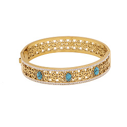 Oval Полые 304 браслеты из нержавеющей стали с шарнирным креплением для женщин, золотые, с синтетическими бирюзовый, овальные, внутренний диаметр: 2-1/2x2-1/8 дюйм (6.5x5.5 см)