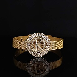 Letter K Латунные браслеты с микропаве из прозрачных кубических цирконий для женщин, плоские круглые с буквы, реальный 18 k позолоченный, Письмо K, 8-1/4 дюйм (21 см)