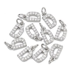 Letter D Colgantes Shegrace de latón con microengaste de circonitas cúbicas transparentes, sin níquel, 925 chapado en plata de ley, amuletos de la letra d, 12~13x6.5x2.5 mm, anillo de salto: 5x1 mm, diámetro interior: 3 mm