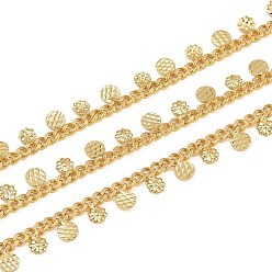 Настоящее золото 18K Латунь бордюр цепи, с фактурным цветком и плоским круглым шармом, долговечный, стойки покрытие, без кадмия и без свинца, пайки, с катушкой, реальный 18 k позолоченный, 3x2.5x1 мм, очарование: 3~4x3.5~4x0.5~1 мм