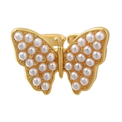 Золотой Латунь манжеты кольца, Кольца из АБС-пластика с жемчугом для женщин, без кадмия и без свинца, бабочка, золотые, 15.5x21.5 мм, размер США 6 (16.5 мм)