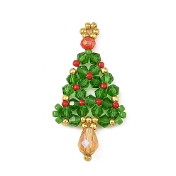 Green Christmas Glass Pendants, Christmas Trees, with Seed Beads, Faceted, Green, 40x21x6mm, Hole: 2mm