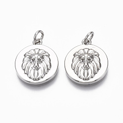 Echt platiniert Messing Anhänger & Charms, mit Sprungring, Nickel frei, flach rund mit Löwe, Echt platiniert, 17x15x4 mm, Bohrung: 3 mm