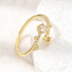 Real 18K Gold Plated Brass Micro Pave Clear Cubic Zirconia Cuff Open Rings for Women, Star, Rack Plating, Long-Lasting Plated, Cadmium Free & Lead Free, Real 18K Gold Plated, US Size 7 1/4(17.5mm)
