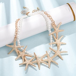 Золотой Наборы ожерелий-нагрудников из сплава с имитацией морского жемчуга и бусинами в виде морских звезд., двухслойные ожерелья, белые, золотые, 13.58 дюйм (34.5 см) ~ 14.92 дюйм (37.9 см), 2 шт / комплект