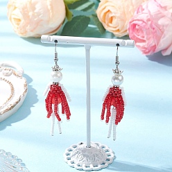 Красный Серьги-подвески из стеклянных бусин ручной работы, со стеклянной имитацией жемчуга, человек, старинное серебро и платина, красные, 75x16 мм