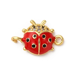 Настоящее золото 18K Шармы-соединители из латуни с микропаве из прозрачного кубического циркония, красные эмалевые божьи коровки, стойки покрытие, долговечный, без кадмия и без свинца, реальный 18 k позолоченный, 11x16.5x4.5 мм, отверстия : 1.5 mm и 1.8 мм