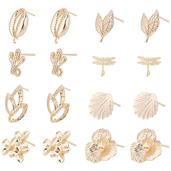 Real 18K Gold Plated Brass Stud Earring Findings, with Loop, Mixed Shapes, Real 18K Gold Plated, 16pcs/box