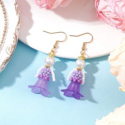 Фиолетовый Серьги-подвески из стеклянных бусин ручной работы, с имитацией жемчуга и акрилом, золотые, фиолетовые, 51x16.5 мм