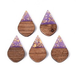 Средний Фиолетовый Подвески из непрозрачной смолы и орехового дерева, слезинки, с блестящей пудрой и золотой фольгой, средне фиолетовый, 28x17.5x3~3.5 мм, отверстие : 1.8~2 мм