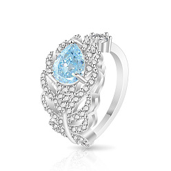 Bleu Clair Micro cuivres ouvrent zircons bagues, plume avec larme, platine, bleu clair, 15~20mm