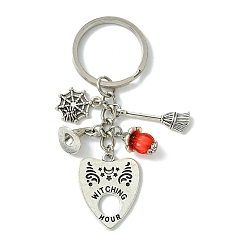 Antique Silver & Platinum Tibetan Style Alloy Pendants Keychain, with Iron Split Key Rings, with Transparent Acrylic Beads, Heart, Antique Silver & Platinum, 8cm