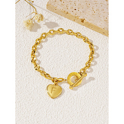 Letter F 304 Браслеты из нержавеющей стали в форме сердца с подвеской в виде буквы, Браслеты из овальных звеньев цепи для женщин, золотые, Буква F, 7.28 дюйм (18.5 см)