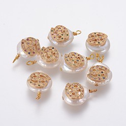 Cancer Natural Cultured Freshwater Pearl Pendants, with Brass Micro Pave Cubic Zirconia Findings, Nuggets with Constellation, Golden, Colorful, Cancer, 17~22x11~16x5~11mm, Hole: 1.6mm