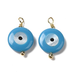 Deep Sky Blue Glass & Shell Pendants, with Real 18K Gold Plated Brass Loop, Evil Eye Charm, Deep Sky Blue, 16.5~17x10x3mm, Hole: 1.2~1.4mm
