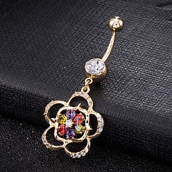 Farbig Piercing-Schmuck, Messing Zirkonia Nabel Ring, Bauchringe, mit chirurgischem Edelstahlstab, cadmiumfrei und bleifrei, echt 18 k vergoldet, Blume, Farbig, 49x22 mm, Stangenlänge: 3/8"(10mm), Stange: 14 Spurweite(1.6mm)
