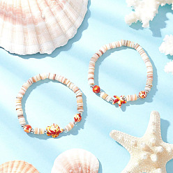 Оранжевый Браслеты из натуральных пресноводных ракушек в виде морских черепах и морских звезд, с латунными разделительными бусинами и окрашенными синтетическими бирюзовыми бусинами, оранжевые, внутренний диаметр: 2-1/8 дюйм (5.5 см), 2 шт / комплект