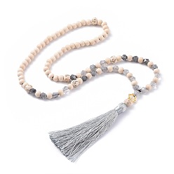 Gray Nylon Tassel Pendant Necklaces, with Wood Beads, Natural Spiral Shell Beads, Natural Cloudy Quartz Beads and Alloy Findings, Gray, 26.7~27.5 inch(68~70cm)
