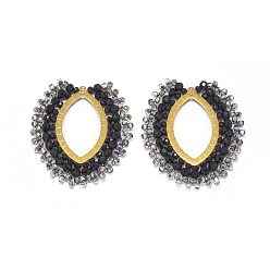 Черный Ручной тканые подвески, с гранеными стеклянными бусинами и золотистыми тонами 304 из нержавеющей стали, лист, чёрные, 47x39x1~3 мм, отверстие : 1 мм