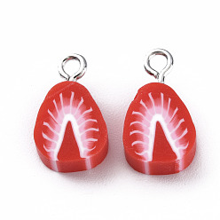 Red Handmade Polymer Clay Charms, with Iron Findings, Imitation Food, Strawberry, Platinum, Red, 12.5~14x9~10x5~6mm, Hole: 1.8mm
