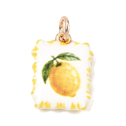 Lemon Chiffon Brass Pendants, Rectangle with Lemon Charms, Golden, Lemon Chiffon, 19x14x3.5mm, Hole: 3.5mm