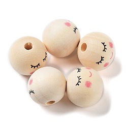 Бланшированный Миндаль Печатные деревянные бусины, круглый с улыбающимся лицом, неокрашенными, бланшированный миндаль, 20 мм, отверстие : 2 мм