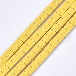 Желтый Немагнитные синтетические гематитовые многожильные звенья, окрашенные распылением, для изготовления эластичных браслетов, квадратный, желтые, 5x5x2 мм, отверстие : 0.6 мм, около 81 шт / нитка, 15.9 дюйм