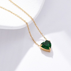 Зеленый 304 ожерелья с подвеской в форме сердца из нержавеющей стали с кубическим цирконием, золотые, зелёные, 17.87 дюйм (45.4 см)