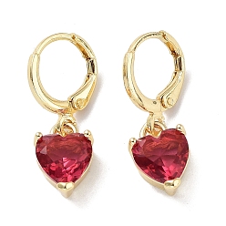 Cerise Real 18K Gold Plated Brass Heart Dangle Leverback Earrings, with Heart Glass, Cerise, 25x8.5mm