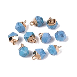 Synthetic Turquoise Dyed Synthetic Turquoise Pendants, Polygon Charms, with Golden Tone Brass Loops, Deep Sky Blue, 11.5~14x7~9.5x7~9.5mm, Hole: 1.6~1.8mm