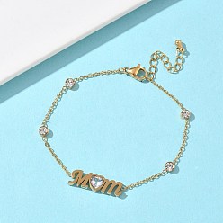 Настоящее золото 18K День матери 304 Браслеты из нержавеющей стали с кубическим цирконием, надписью «Мама», браслеты-цепочки для женщин, реальный 18 k позолоченный, 6.61 дюйм (16.8 см)