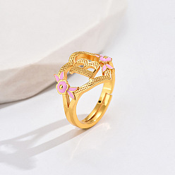 Letter B Регулируемые кольца для пальцев с латунным жемчугом и розовой эмалью в форме сердца и цветка, без кадмия, без никеля и без свинца, золотые, В письме, 14 мм, внутренний диаметр: 17 мм