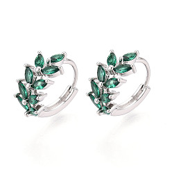 Темно-Зеленый Серьги-кольца в форме листа с микропаве из кубических цирконий из латуни, Реальная платина, темно-зеленый, 15x15.5x7.5 мм
