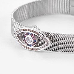 Mixed Color Unisex 304 Stainless Steel Watch Band Wristband Bracelets, with Brass Micro Pave Cubic Zirconia Slider Charms, Evil Eye, Mixed Color, 8-5/8 inch(21.8cm), 10mm