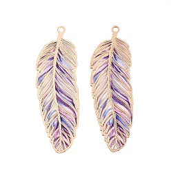 Lilac Spray Painted Brass Pendants, Feather Shape Charms, Light Gold, Lilac, 38x12~13x0.5mm, Hole: 1.2mm