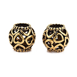 Античное Золото Европейские сплавочные бусины тибетского стиля , бусины с большим отверстием, полые Rondelle с сердцем, античное золото , 10x9.5 мм, отверстие : 5~5.5 мм