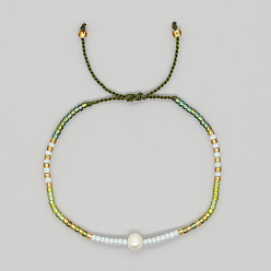 Зелено-Желтый Браслеты из плетеного бисера в богемном стиле, украшенные стеклянными бусинами и искусственным жемчугом., Регулируемые браслеты из плетеного нейлонового шнура для женщин, зеленый желтый, 11.02 дюйм (28 см)