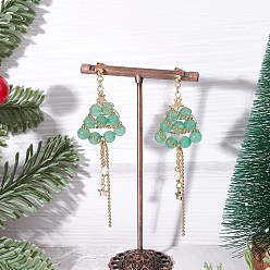 Темный Морско-зеленый Серьги-гвоздики с подвесками из натурального зеленого авантюрина в форме рождественской елки, с жемчугом из раковины , золотые, темно-зеленый, 88.5x25 мм