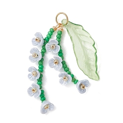 Алиса Синий Стеклянные подвески из бисера, цветочный шарм, с использованием смолы, акрила и 304 соединительного кольца из нержавеющей стали., золотые, Алиса Блю, 36x6x6.5 мм, отверстие : 4 мм