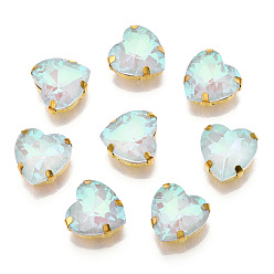 Светло-голубой Шить на горный хрусталь, флуоресцентный стиль мокко, многожильных ссылки, стекло горный хрусталь, с позолотой 201 зубцы из нержавеющей стали, аксессуары для одежды, граненые, сердце, светло-голубой, 12x12x6 мм, отверстие : 1 мм