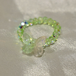 Pale Green Handmade Lampwork Beaded Finger Rings, Butterfly, Stretch Rings for Women, Pale Green, 17mm