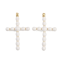 Белый Латунь эмаль подвески, крест прелести, стойки покрытие, без кадмия и без свинца, долговечный, реальный 18 k позолоченный, белые, 35.5x22.5x3.5 мм, отверстие : 2 мм