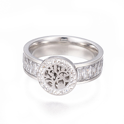 Нержавеющая Сталь Цвет 304 палец кольца из нержавеющей стали, с полимерным глинистым горным хрусталем и кубическим цирконием, плоско-круглые, цвет нержавеющей стали, Размер 6~9, 16~19 мм