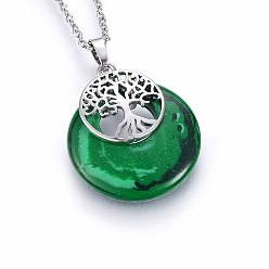 Малахит Плоские круглые подвески, окрашенные в синтетический малахит, латунные обереги «Древо жизни», платина, 33x28x6 мм