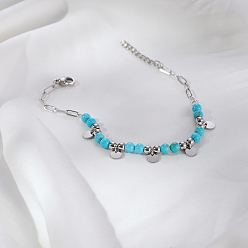 Нержавеющая Сталь Цвет Плоские круглые браслеты из нержавеющей стали с подвесками, Женские круглые браслеты из синтетической бирюзы из бисера, цвет нержавеющей стали, 6-3/4 дюйм (17 см)