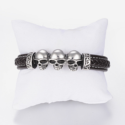 Кокосово-Коричневый Мужские плетеные браслеты шнур кожаный, с 304 выводов из нержавеющей стали и магнитных застежках, череп, кокосового коричневый, 8-5/8 дюйм (220 мм)