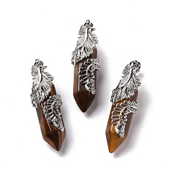 Тигровый глаз Природных тигровый глаз подвески, с латунной фурнитурой платинового цвета, без кадмия и без свинца, двухконечная остроконечная пуля с пером, 45~47.5x14~14.5x13~14 мм, отверстие : 8x5 мм