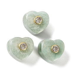 Amazonita Cuentas europeas de amazonita natural, corazón cuentas grandes hoyos, con detalles de latón dorado micro pavé de circonita cúbica transparente, 12.5~13x13~14x12~13 mm, agujero: 5.5 mm